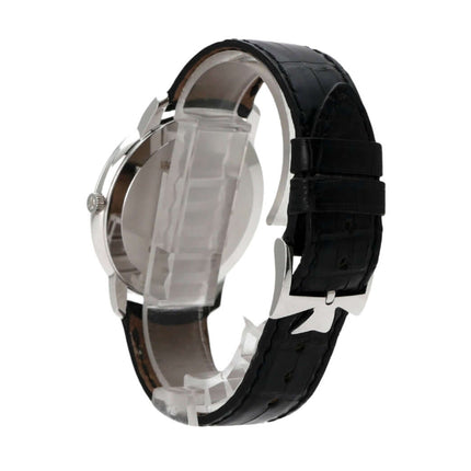 Vacheron Constantin Patrimony 81180/000G Uhr, seitliche Ansicht, elegantes schwarzes Lederband mit Weißgold Dornschließe und poliertem Gehäuse.