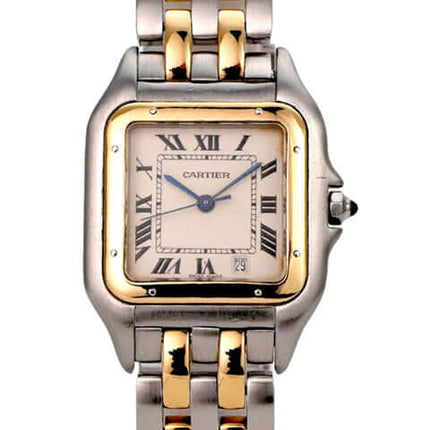 Cartier Panthere Midsize Edelstahl Gelbgold 83083242 mit römischen Ziffern und gebläutem Stahl Zeiger.