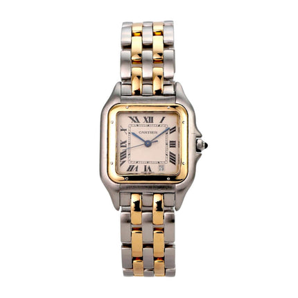 Cartier Panthere Midsize Edelstahl Gelbgold 83083242 Uhr mit Edelstahl- und Gelbgoldarmband, silberfarbenem Zifferblatt.