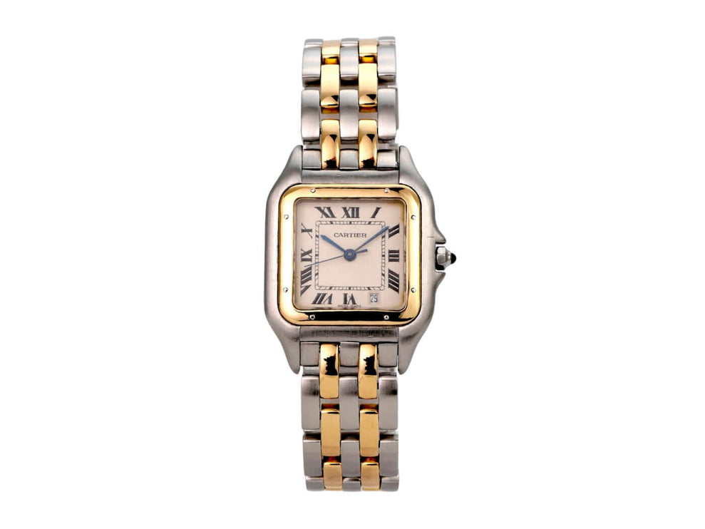 Cartier Panthere Midsize Edelstahl Gelbgold 83083242 Uhr mit Edelstahl- und Gelbgoldarmband, silberfarbenem Zifferblatt.