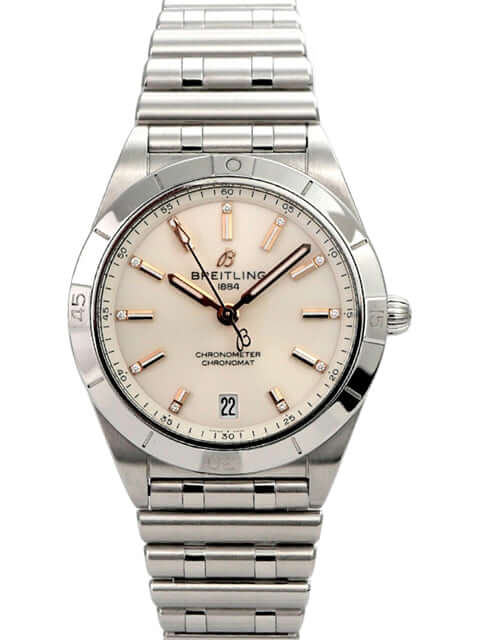 Breitling Chronomat Automatic 36 Weiß mit Edelstahl-Gehäuse und Diamanten auf Zifferblatt, elegantes Design.