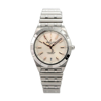Breitling Chronomat Automatic 36 Weiß Diamant Uhr mit Edelstahlband und polierter Lünette, Zifferblatt mit Diamanten.