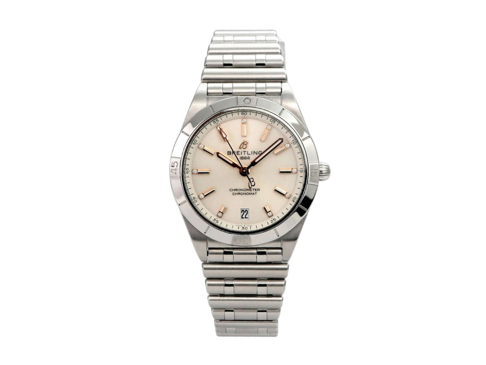 Breitling Chronomat Automatic 36 Weiß Diamant Uhr mit Edelstahlband und polierter Lünette, Zifferblatt mit Diamanten.