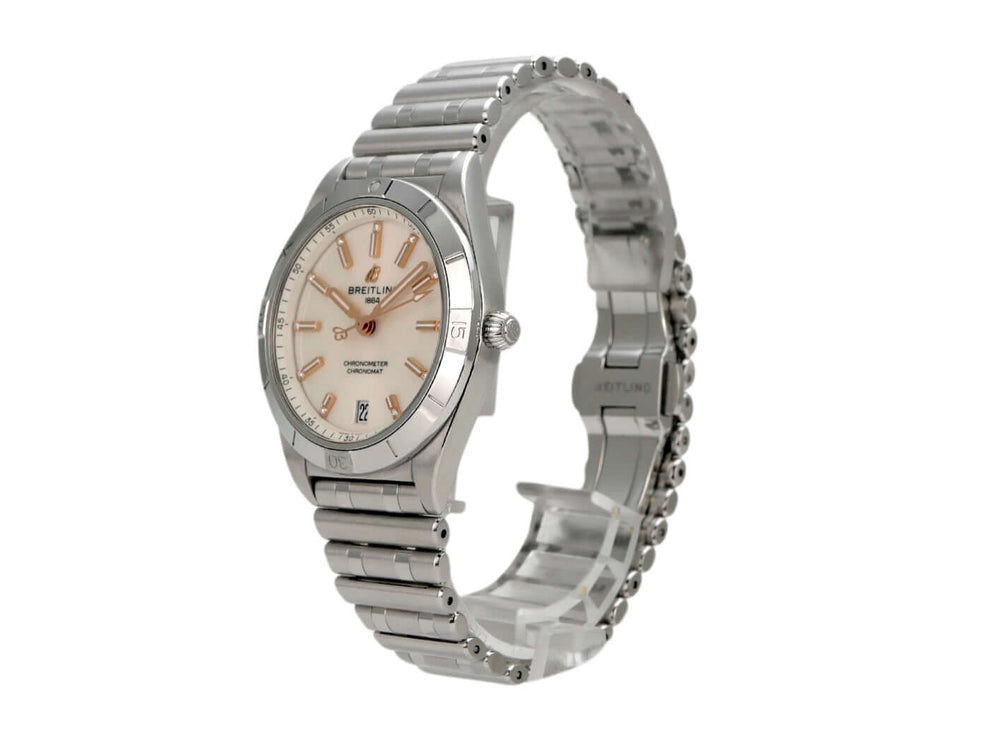 Breitling Chronomat Automatic 36 Weiß Diamant A10380101A2A1 Edelstahlgehäuse mit weißem Zifferblatt und Diamanten.