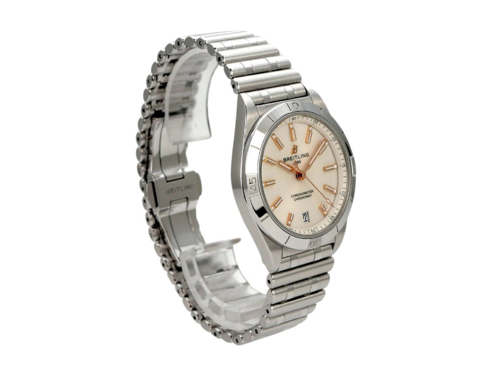 Breitling Chronomat Automatic 36 in Edelstahl, weißes Zifferblatt mit Diamanten, elegante Armbanduhr.
