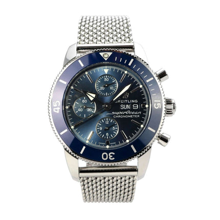 Breitling Superocean Heritage II Chronograph 44 A13313161C1S1 mit blauer Lünette und Zifferblatt, Edelstahlband.
