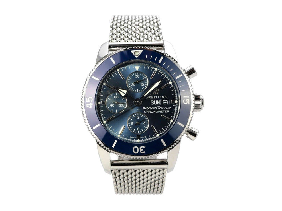 Breitling Superocean Heritage II Chronograph 44 A13313161C1S1 mit blauer Lünette und Zifferblatt, Edelstahlband.