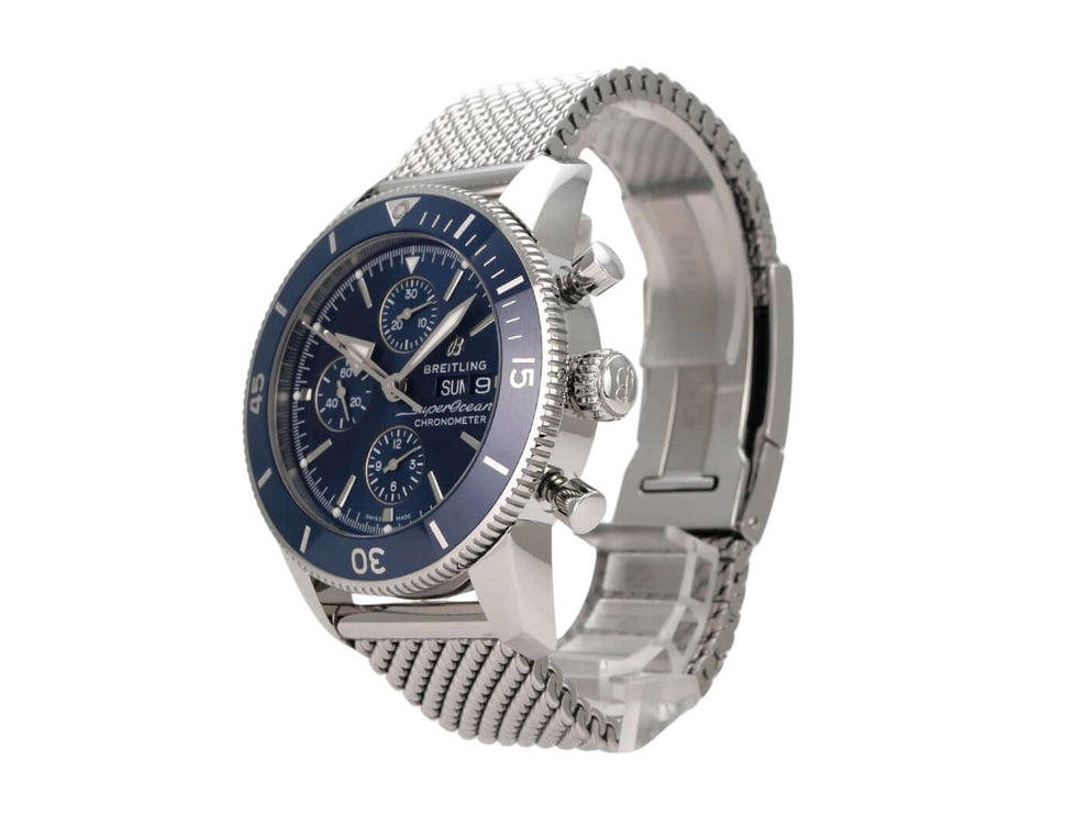 Breitling Superocean Heritage II Chronograph 44 A13313161C1S1 mit blauem Zifferblatt und Edelstahlband.