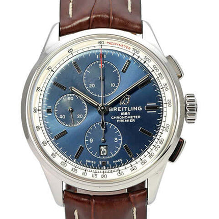 Breitling Premier Chronograph 42 A13315351C1P1, automatischer Chronograph mit blauem Zifferblatt und braunem Lederband