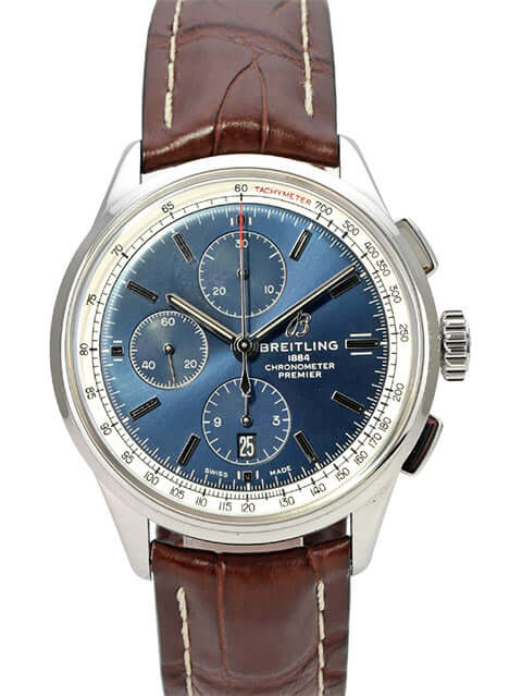 Breitling Premier Chronograph 42 A13315351C1P1, automatischer Chronograph mit blauem Zifferblatt und braunem Lederband