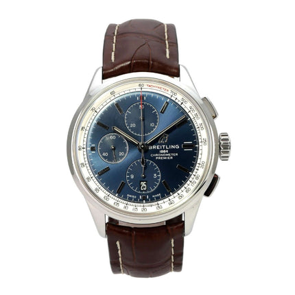 Breitling Premier Chronograph 42 A13315351C1P1 mit blauem Zifferblatt, Edelstahlgehäuse und braunem Lederband
