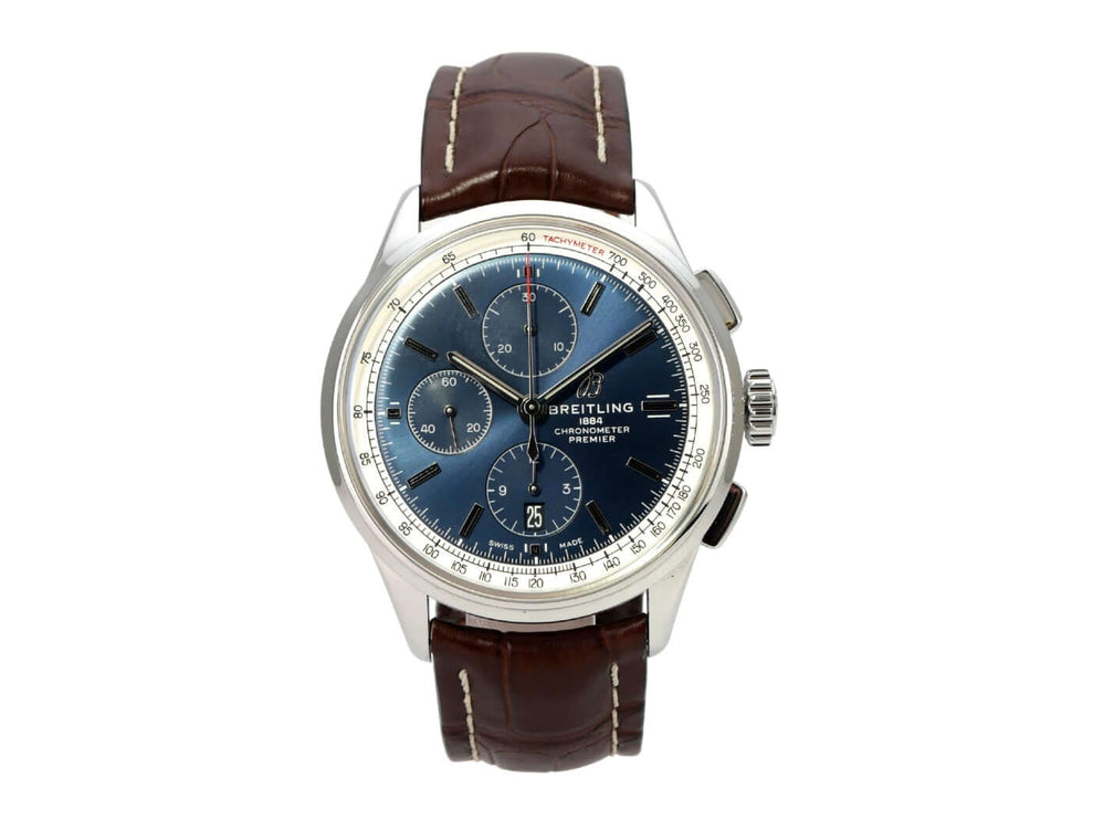 Breitling Premier Chronograph 42 A13315351C1P1 mit blauem Zifferblatt, Edelstahlgehäuse und braunem Lederband