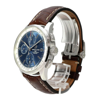 Breitling Premier Chronograph 42 A13315351C1P1 mit blauem Zifferblatt, braunem Lederband und Edelstahlgehäuse