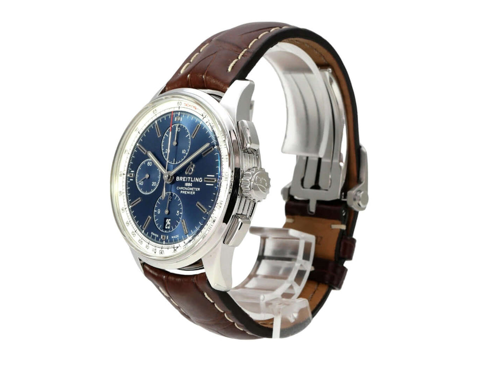 Breitling Premier Chronograph 42 A13315351C1P1 mit blauem Zifferblatt, braunem Lederband und Edelstahlgehäuse