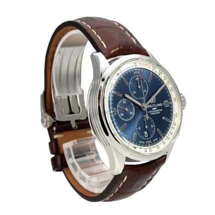 Breitling Premier Chronograph 42 A13315351C1P1, Uhr aus Edelstahl mit blauem Zifferblatt und braunem Lederband