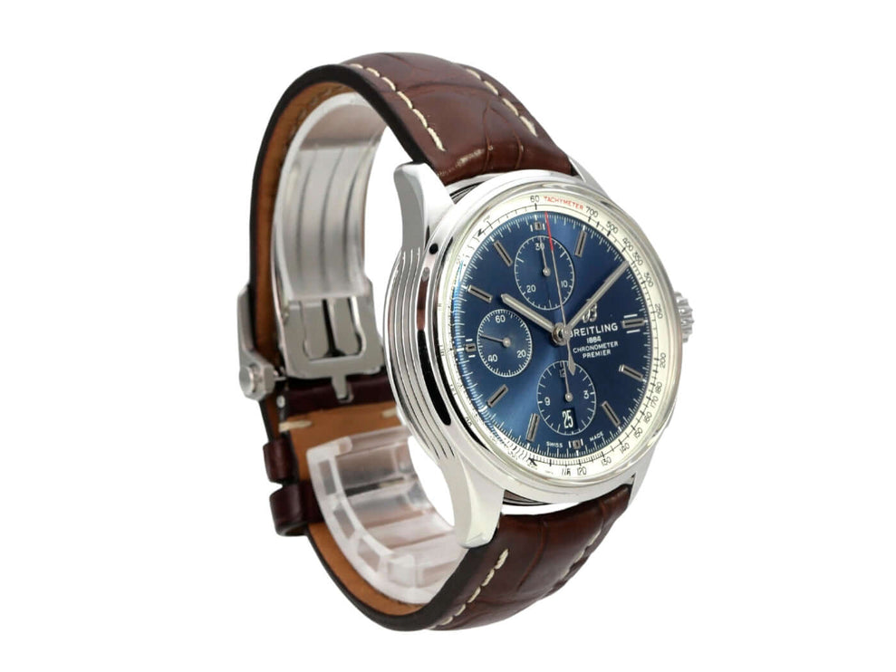 Breitling Premier Chronograph 42 A13315351C1P1, Uhr aus Edelstahl mit blauem Zifferblatt und braunem Lederband
