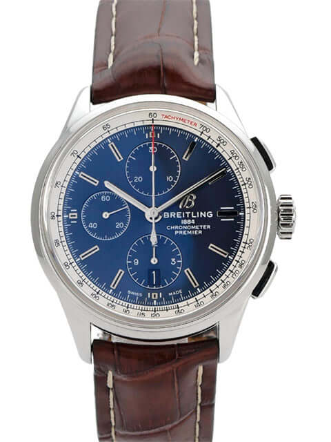 Breitling Premier Chronograph 42 A13315351C1P1 mit blauem Zifferblatt und braunem Krokolederband.