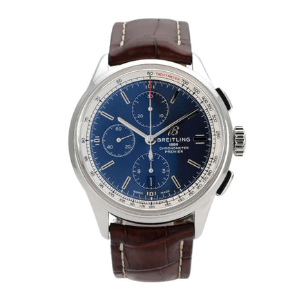 Breitling Premier Chronograph 42 A13315351C1P1 mit braunem Krokolederband und blauem Zifferblatt, Gehäusedurchmesser 42 mm.