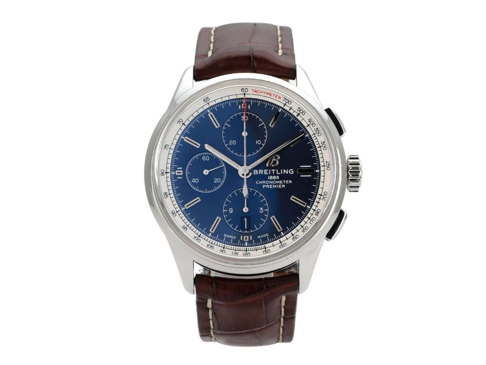 Breitling Premier Chronograph 42 A13315351C1P1 mit braunem Krokolederband und blauem Zifferblatt, Gehäusedurchmesser 42 mm.