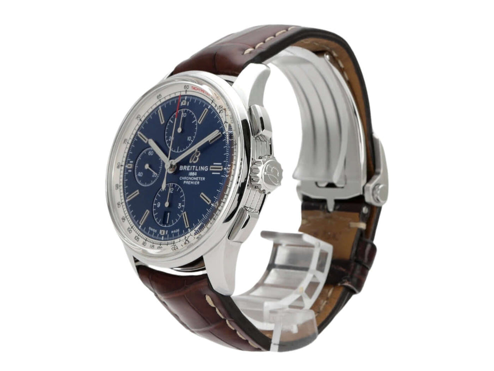 Breitling Premier Chronograph 42 A13315351C1P1 mit braunem Krokolederband, blauem Zifferblatt und Edelstahlgehäuse.
