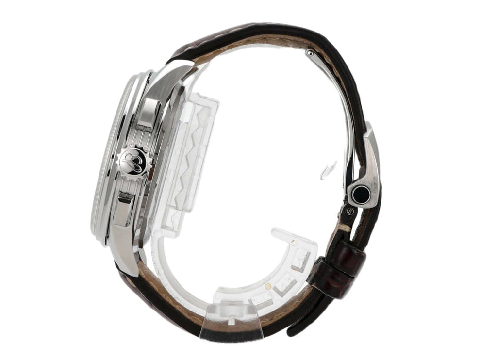 Seitenansicht der Breitling Premier Chronograph 42 A13315351C1P1 mit braunem Krokolederband und Edelstahlgehäuse.