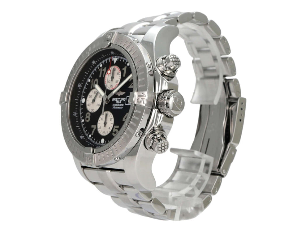 Breitling Super Avenger Chronograph A13370 mit schwarzem Zifferblatt und poliertem Edelstahlarmband