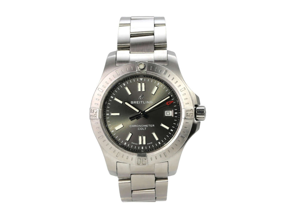 Breitling Chronomat Colt Automatic 41 A17313101F1A1 mit grauem Zifferblatt und satiniertem Edelstahlgehäuse.