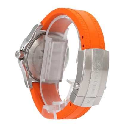 Breitling Superocean Automatic 36 A17316D71O1A1, orange Kautschukband, Edelstahlgehäuse, Rückansicht der Uhr