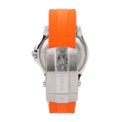Breitling Superocean Automatic 36 Uhr mit orangefarbenem Kautschukband und Edelstahl-Gehäuse von hinten