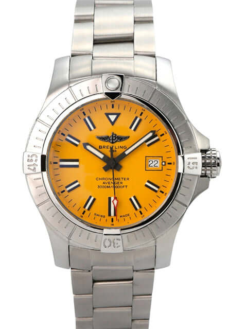 Breitling Avenger Automatic 45 Seawolf Gelb A17319101I1A1 mit gelbem Zifferblatt und Edelstahlarmband.
