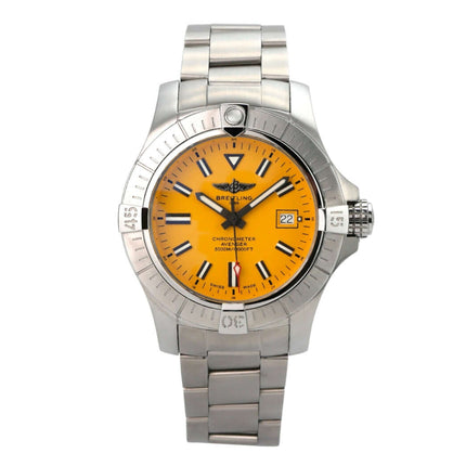 Breitling Avenger Automatic 45 Seawolf Gelb A17319101I1A1 mit gelbem Zifferblatt und Edelstahlarmband.