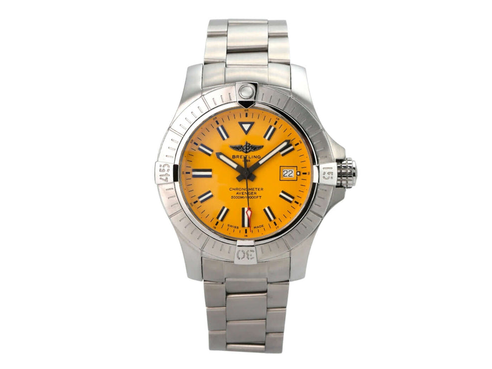 Breitling Avenger Automatic 45 Seawolf Gelb A17319101I1A1 mit gelbem Zifferblatt und Edelstahlarmband.