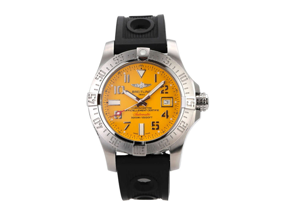 Breitling Avenger II Seawolf A1733110.I519.153S.A20DSA.2 mit gelbem Zifferblatt und schwarzem Kautschukarmband.
