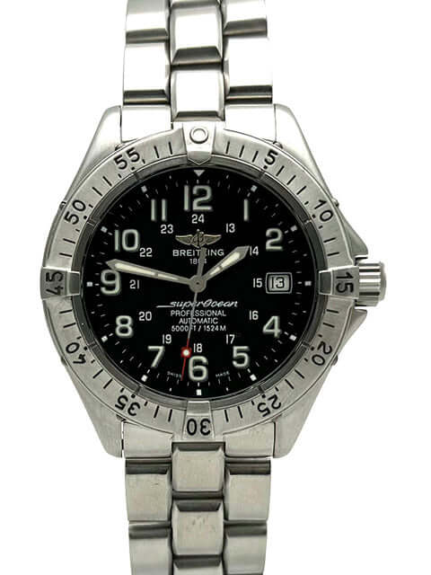 Breitling Superocean A17345-108 aus Edelstahl mit schwarzem Zifferblatt und Leuchtindizes, einseitig drehbare Lünette, Automatik, divers Edelstahlarmband