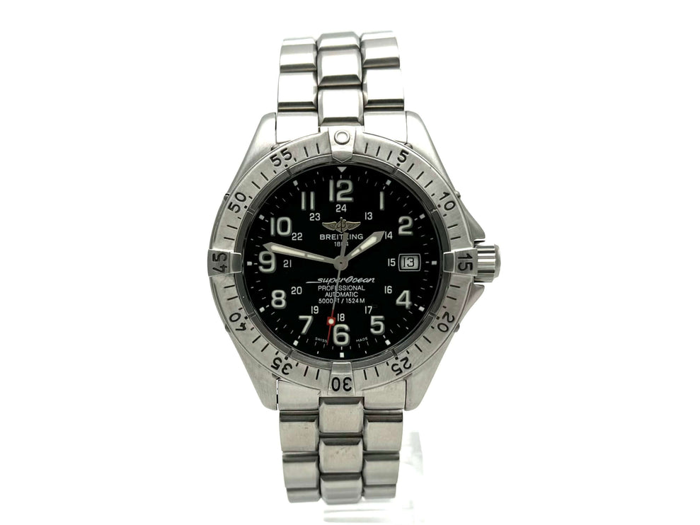 Breitling Superocean A17345-108 Herrenarmbanduhr aus Edelstahl, poliertes und satiniertes Gehäuse, schwarzes Zifferblatt, aus dem Jahr 2003