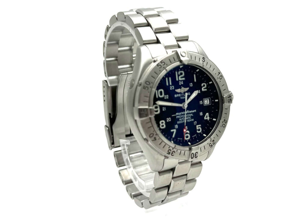 Breitling Superocean A17345-108 Edelstahl Uhr aus 2003 mit poliertem Gehäuse und schwarzem Zifferblatt mit Leuchtindizes und arabischen Ziffern