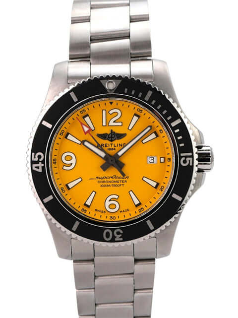 Breitling Superocean Automatic 44 Gelb A17367021I1A1 mit gelbem Zifferblatt und Edelstahlgehäuse.