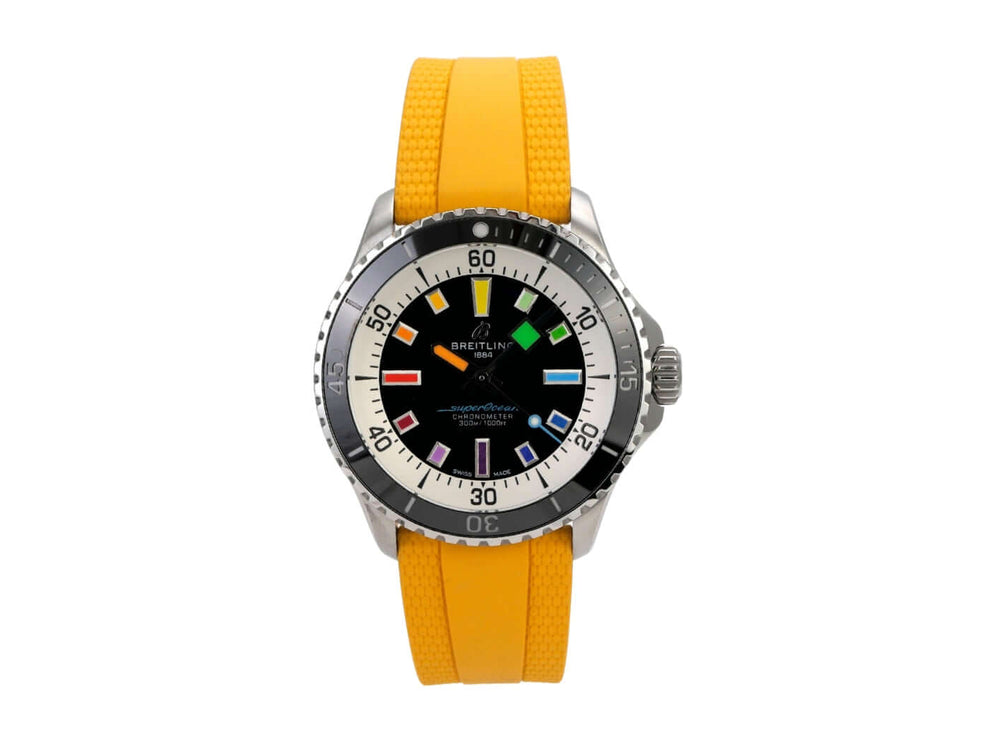 Breitling Superocean Automatic 42 Rainbow A17375211B2S4 mit gelbem Kautschukband und schwarzem Zifferblatt.