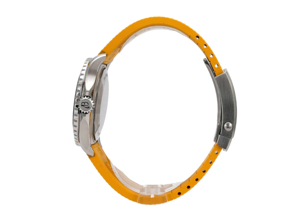 Breitling Superocean Automatic 42 Rainbow A17375211B2S4 Uhr mit gelbem Kautschukband und Edelstahlgehäuse.