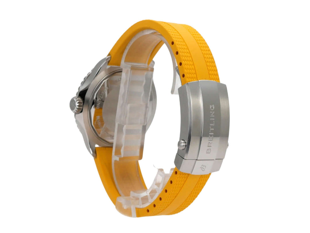 Breitling Superocean Automatic 42 Rainbow A17375211B2S4 mit gelbem Kautschukband und Faltschließe seitlich