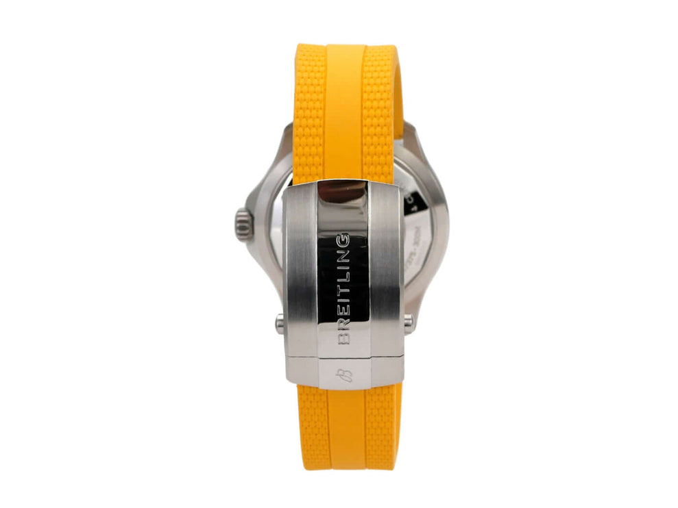 Breitling Superocean Automatic 42 Rainbow A17375211B2S4 mit gelbem Kautschukband und Edelstahlgehäuse.