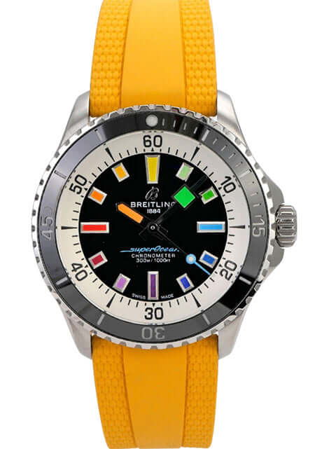 Breitling Superocean Automatic 42 Rainbow A17375211B2S4 mit gelbem Kautschukband und schwarzem Zifferblatt