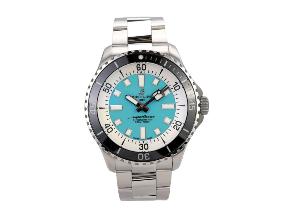 Breitling Superocean Automatic 44 A17376211L2A1 mit türkisfarbenem Zifferblatt und Edelstahlband.