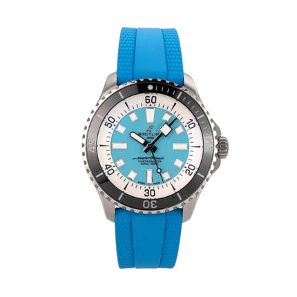 Breitling Superocean Automatic 44 A17376211L2S2 mit Türkis Kautschukband und grünem Keramikeinsatz.