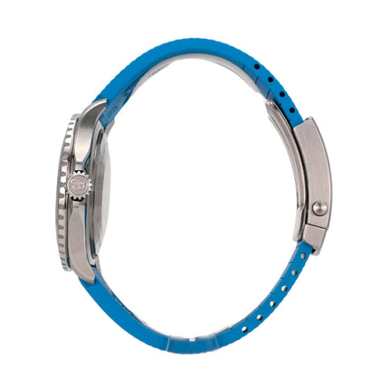 Seitenansicht der Breitling Superocean Automatic 44 mit türkisem Kautschukband und Edelstahlgehäuse.