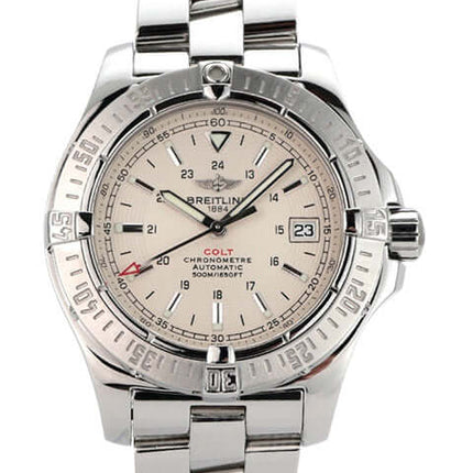 Breitling Colt Automatic A17380 Edelstahl Uhr mit silberfarbenem Zifferblatt und Professional II Armband.