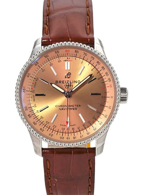 Breitling Navitimer Automatic 35 A17395201K1P1 mit kupferfarbenem Zifferblatt und braunem Krokolederband.