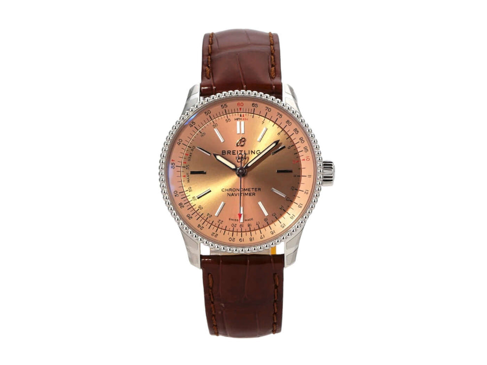 Breitling Navitimer Automatic 35 A17395201K1P1 mit kupferfarbenem Zifferblatt und braunem Krokolederband.