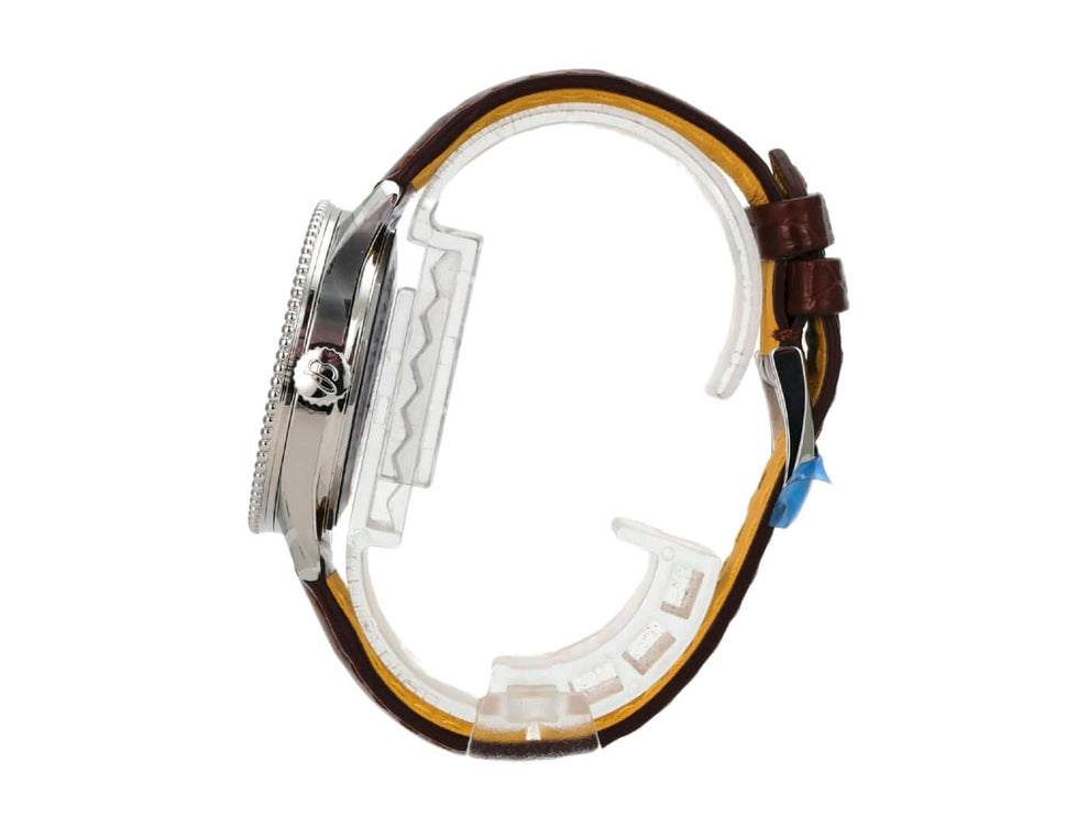 Seitenansicht der Breitling Navitimer Automatic 35 A17395201K1P1 mit braunem Krokolederband.