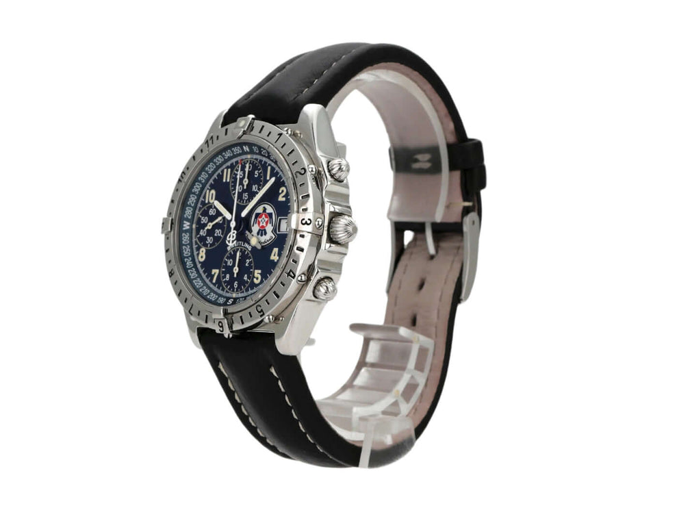 Breitling Chronomat Longitude Thunderbirds A20048, Edelstahl, schwarzes Zifferblatt, Lederband, limitierte Edition.